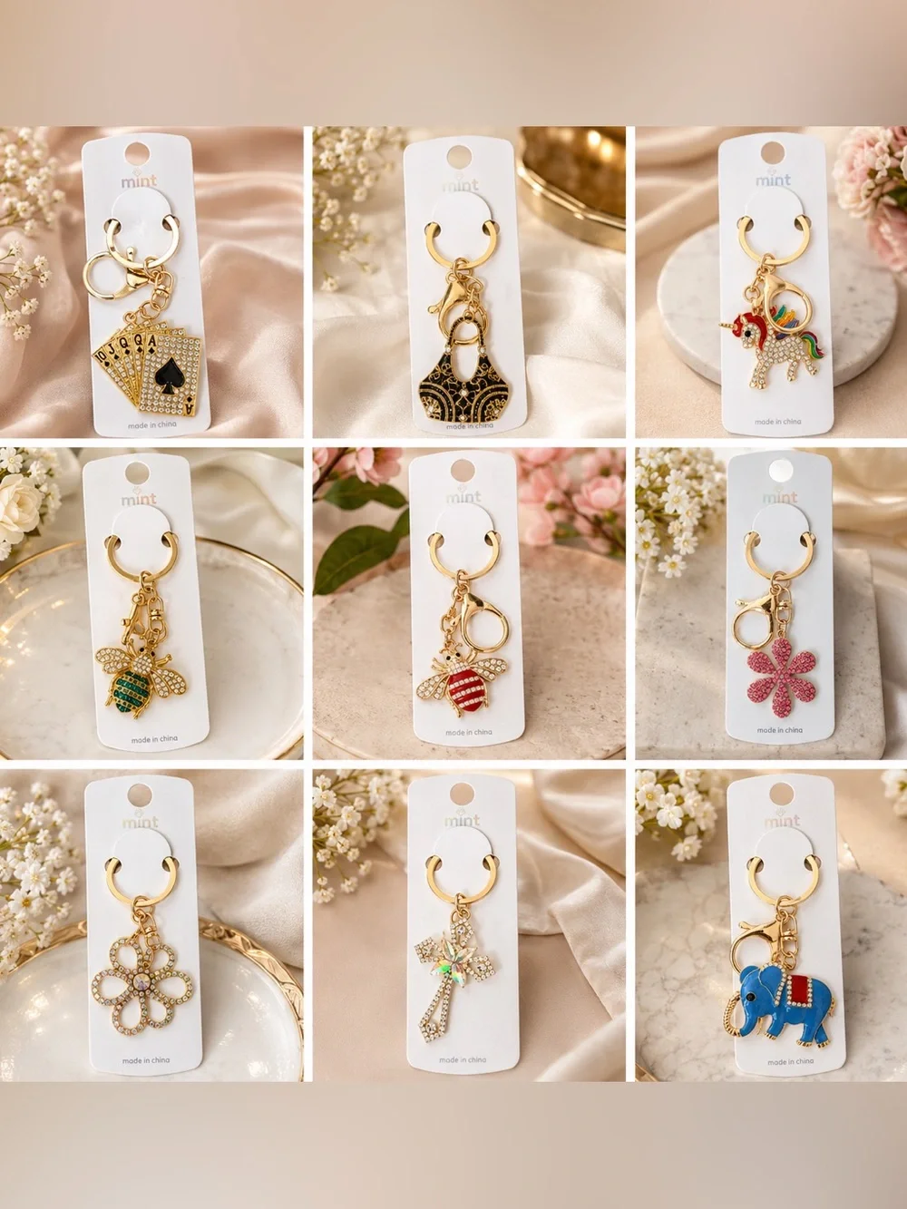Mint Gold-Tone Assorted Rhinestone and/or Enamel Charm Keychains. CHOOSE ONE.